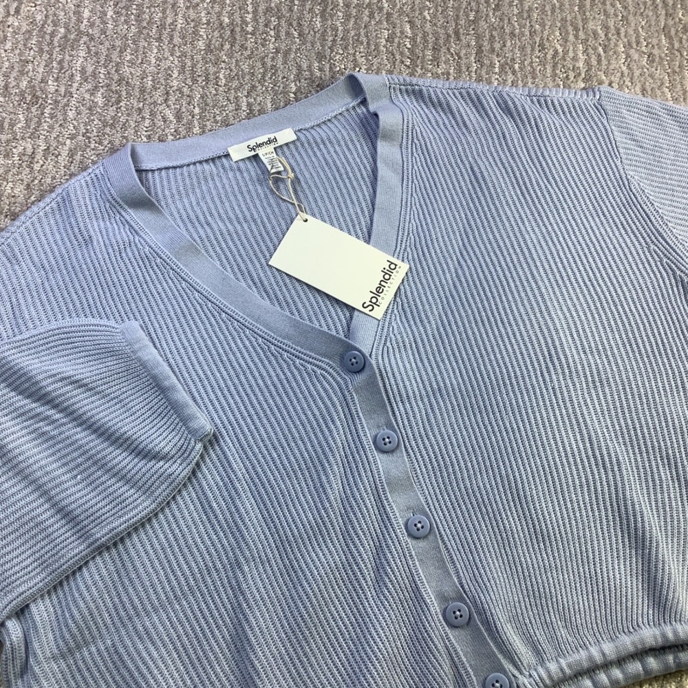 Splendid Ribbed Cashmere Blend Cropped‎ Cardigan Blue Womens Size S NWT